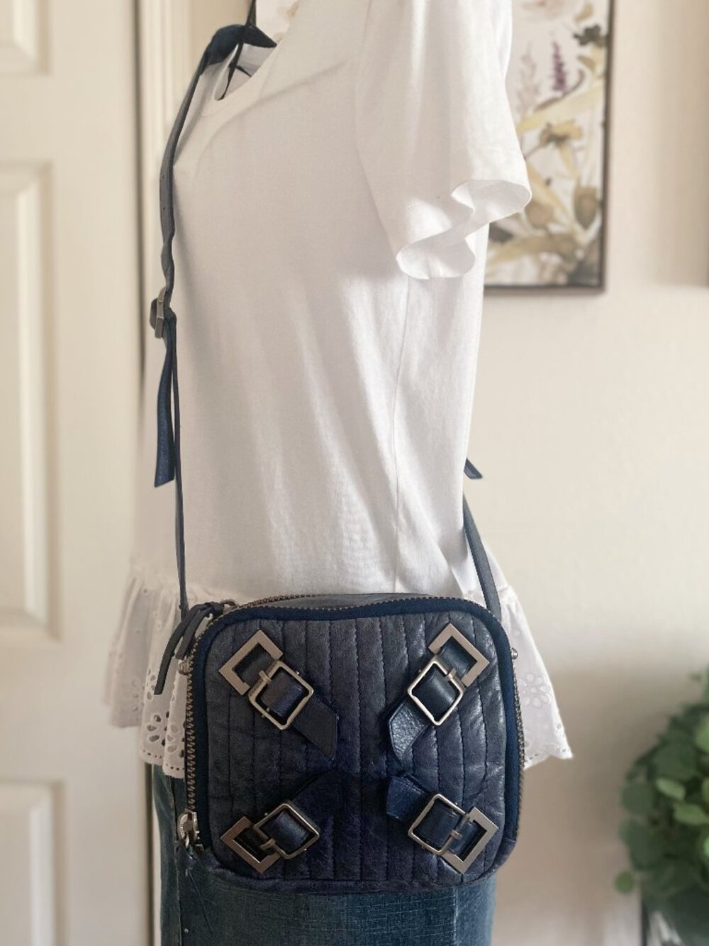 Quilted Navy Crossbody Bag with Buckle Details